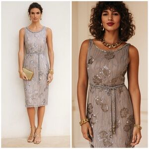 NWOT Feriani Couture beaded sequin floral belted sleeveless dress womens 12.